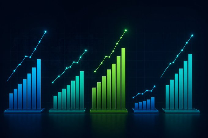 A glowing bar chart with overlaid line graphs shows five ascending trend patterns in blue, teal, green, and cyan against a dark background, visually reinforcing the post's message about surging growth metrics—specifically highlighting the "1M+ users" milestone on the smallest, central green chart that the author argues the RWA market hasn't yet priced in.