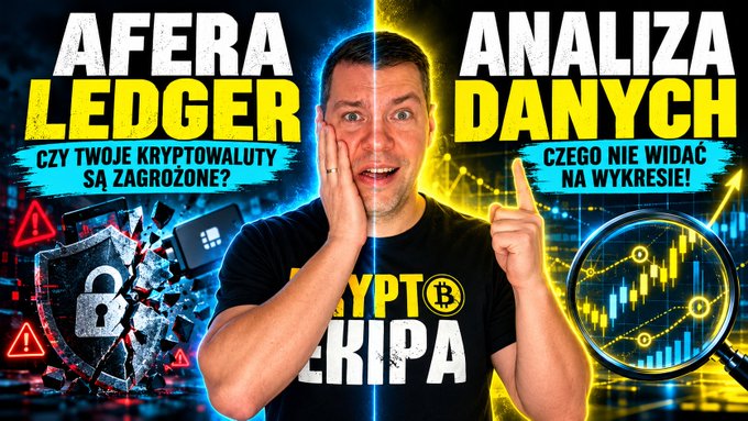 A YouTube thumbnail featuring a man with a surprised expression, advertising a video about the "AFERA LEDGER" (Ledger Scandal) asking "CZY TWOJE KRYPTOWALUTY SĄ ZAGROŻONE?" (Are your cryptocurrencies at risk?), alongside text about "ANALIZA DANYCH" (Data Analysis).