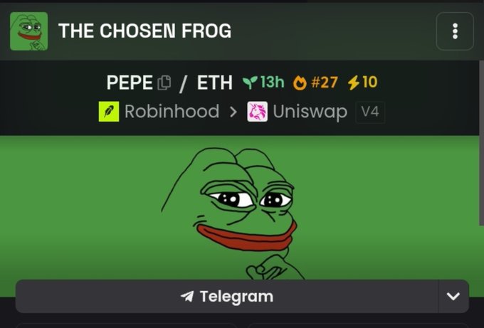 The image shows a Dexscreener listing for the "THE CHOSEN FROG" PEPE/ETH token pair on Uniswap V4 (via Robinhood), displaying a trending rank of #27 with 10 transactions in 13 hours alongside the iconic sad Pepe the Frog meme illustration, which aligns with the post's claim of trending #27 on a DEX and provides the contract address for the PEPE-based token.