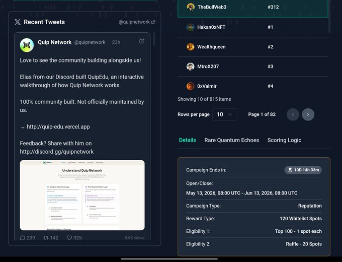 The main focus of the image appears to be a screenshot or part of an article about a campaign that has been recently launched using social media platforms, specifically Twitter. The main text in the image states "gQUIP Quick reality check from my side Went to @NucleusCodes to check my @quipnetwork Quantum Echoesranking..." and another caption reads "currently sitting at 316. Made me curious: for anyone active in this campaign, what do you think my chances look like from here?". The screenshot and article seem to be related to the Campaigns section of a Twitter page. There is also a small photo featuring two people on either side of a green square, which could potentially be an image or text within the Twitter page's content but isn't clear enough to directly identify its relationship with the main focus of the post.