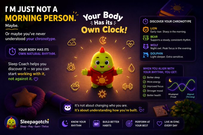 An infographic titled 'I'M JUST NOT A MORNING PERSON' featuring a character called 'Sleepagotchi' and text about chronotypes like Lion, Bear, Wolf, and Dolphin.