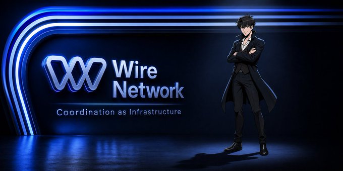 An anime-style character in a black coat stands confidently with arms crossed beside a glowing "Wire Network - Coordination as Infrastructure" logo, visually embodying the post's message about cross-chain coordination evolving into its own foundational product.