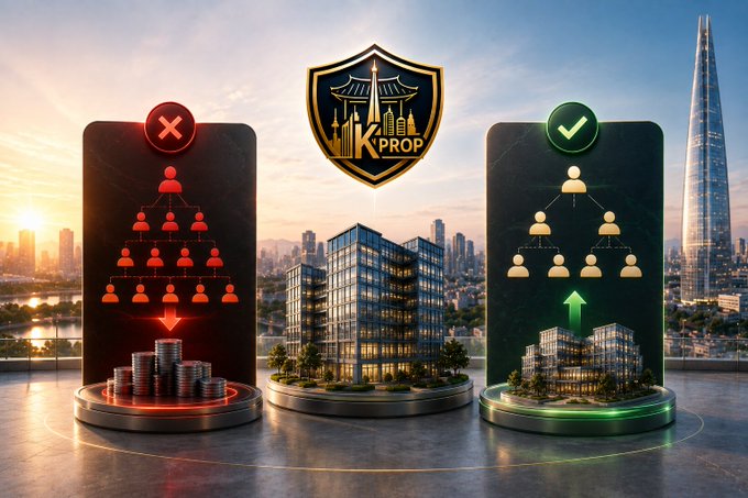 A 3D-rendered promotional graphic for 'KPROP' featuring a central logo above three smartphones displaying hierarchical network diagrams—one red with an 'X' and coins, and one green with a checkmark and a building—with cityscapes in the background.