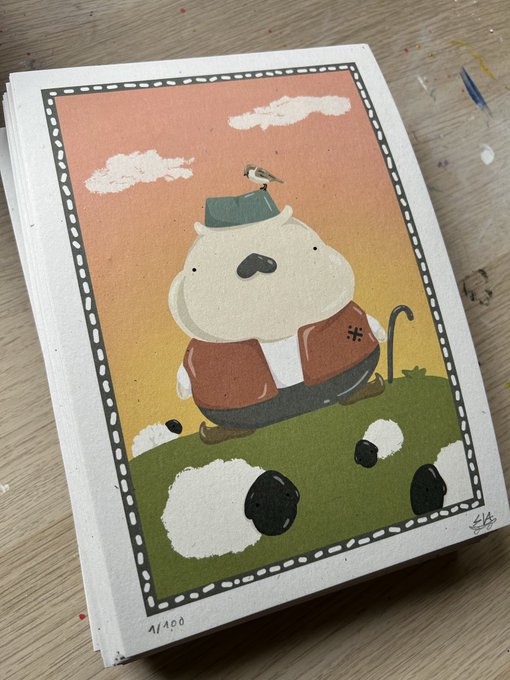 A risograph-style art print featuring a cartoon character with a sheep's head wearing a red jacket and carrying a cane, with a small bird perched on its hat, set against an orange sky with sheep in the foreground.