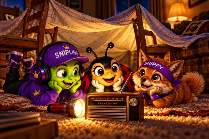 A 3D animated scene of a child-like alien named 'SNIPLING', a ladybug, and a dog named 'SNIPPY' wearing a purple bandana, all wearing purple apparel and gathered around a vintage transistor radio and flashlight under a blanket fort.