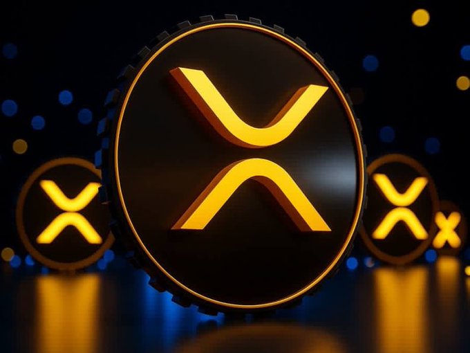 A glossy black coin-like token marked with an orange XRP-style logo stands upright, with smaller matching tokens and blurred blue-and-gold lights in the background.