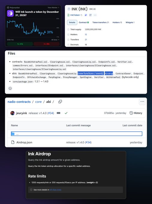 A screenshot displays information about the INK (INK) ERC-20 token, including a Polymarket prediction showing a 31% chance that Ink will launch a token by December 31, 2026, along with contract files and airdrop details.