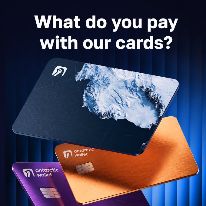An advertisement for 'Antarctic Wallet' credit cards displays the slogan 'What do you pay with our cards?' against a dark blue background, featuring a card with an Antarctic landscape, an orange card, and a purple card.