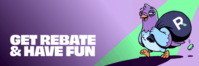 A promotional banner with a purple gradient background featuring a cartoon turkey bird carrying a sack marked with an 'R', alongside the text 'GET REBATE & HAVE FUN'.