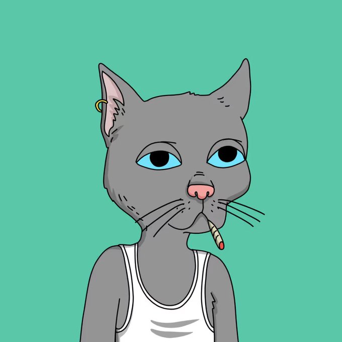 A digital illustration of a grey cat with bright blue eyes, wearing a white tank top and a hoop earring, with a lit cigarette hanging from its mouth against a teal background.