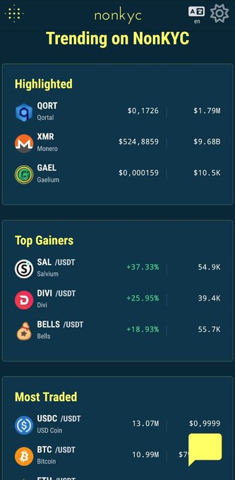 Mobile screenshot of the NonKYC cryptocurrency exchange app showing 'Trending on NonKYC' with sections for Highlighted (QORT, XMR, GAEL), Top Gainers (SAL, DIVI, BELLS), and Most Traded (USDC, BTC).