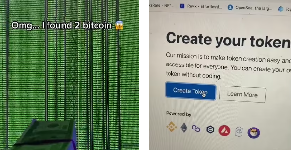 A split image shows green cascading code on the left with the text 'Omg... I found 2 bitcoin 😱', alongside a webpage titled 'Create your token' with a 'Create Token' button.