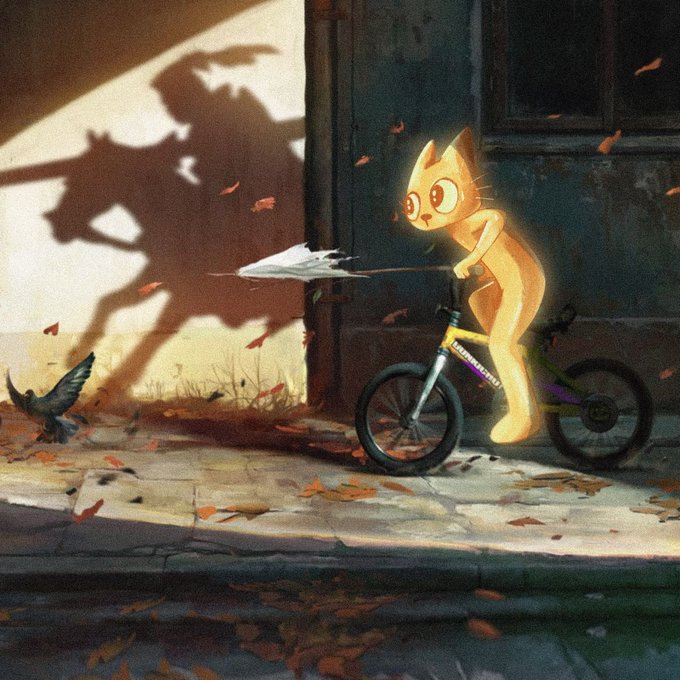 A digital painting of an orange cat character riding a bicycle, with its shadow projected on a wall behind it in an autumn scene with falling leaves and a pigeon.