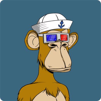 A cartoon illustration of a brown monkey wearing a white sailor hat with an anchor emblem and red-blue 3D glasses against a teal background.
