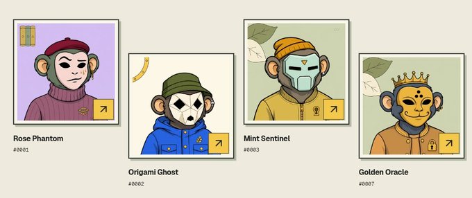 An illustration displays a collection of monkey-themed character cards, including "Rose Phantom" (#0001), "Origami Ghost" (#0002), "Mint Sentinel" (#0003), and "Golden Oracle" (#0007), each wearing distinct outfits or masks.