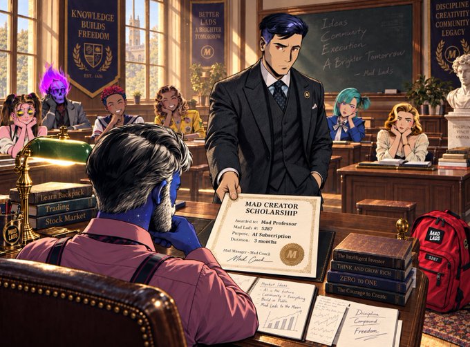 An illustrated classroom scene shows “MAD PROFESSOR” receiving a “MAD CREATOR SCHOLARSHIP” certificate sponsored by “MAD LADS” for “3 months,” while a Mad Lads-branded backpack and business books sit nearby. The scene visualizes the post’s gratitude toward the community for funding an AI subscription and helping the creator improve.