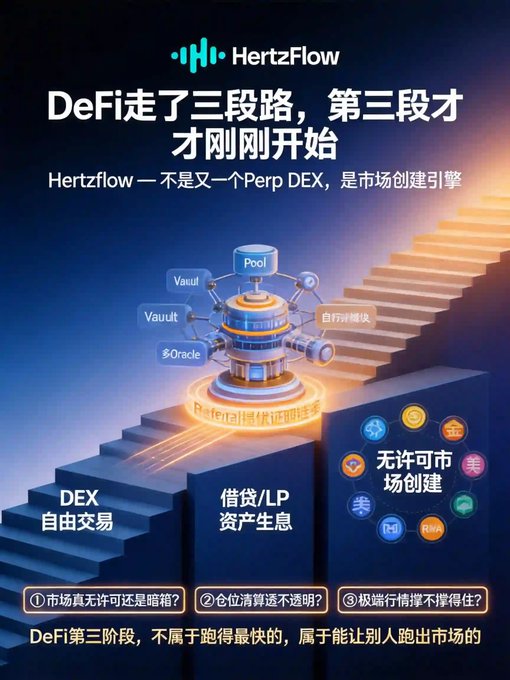 A promotional graphic for 'Hertzflow' describes DeFi's three stages in Chinese, positioning itself as a market creation engine rather than just another Perp DEX.