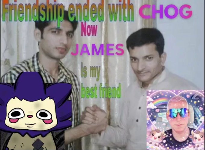 The image shows a meme featuring the classic "Friendship ended with [CHOG]" format, with text replaced to read "Friendship ended with CHOG, Now JAMES is my best friend." Two men are shown shaking hands, with cartoon avatars and a man wearing rainbow sunglasses decoratively framing the scene, humorously declaring $JAMES as the new top memecoin over $CHOG—matching the post celebrating acquiring $JAMES.