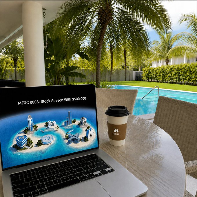 A laptop displaying MEXC exchange promotional material 'MEXC 0808: Stock Season With $500,000' beside a MEXC-branded coffee cup, set poolside at a tropical villa with palm trees.