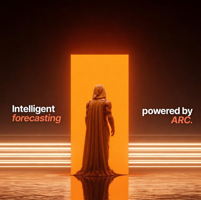 The image features an orange door that leads into a room filled with neon lights. A person wearing a cape stands in front of this door, which has a sign above it that says "Intelligent forecasting powered by arc". This suggests that the person is using advanced forecasting techniques and technology to generate forecasts or predictions. The caption below the image reads: "Focus on what is in the image and how it relates to the post."