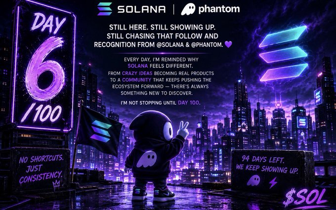 Solana and Phantom promotional graphic for 'Day 6/100' featuring a purple neon aesthetic, a cartoon mascot holding a flag, and text about daily consistency in the ecosystem.