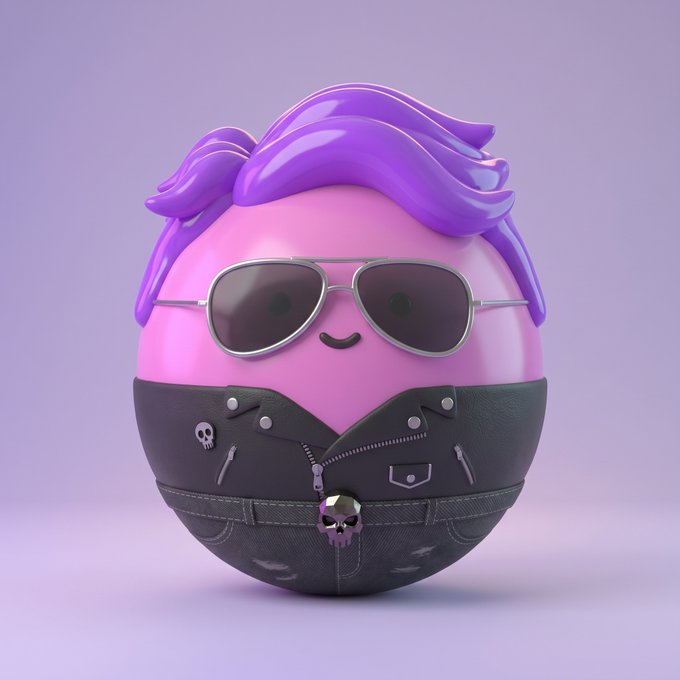A 3D-rendered pink egg character with purple hair, aviator sunglasses, a small smile, and a black leather jacket adorned with a tiny skull patch and a skull belt buckle.