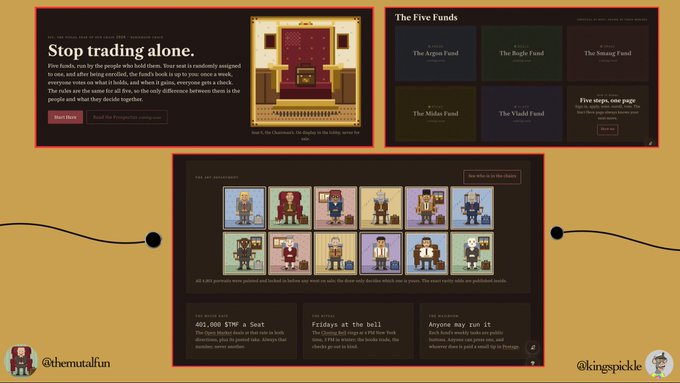 A website mockup for a crypto or NFT project titled 'The Five Funds,' featuring character artwork and sections labeled 'The Argon Fund,' 'The Bugle Fund,' 'The Snaerg Fund,' 'The Melan Fund,' and 'The Vindl Fund,' with handles '@themutafun' and '@kingspicks'.