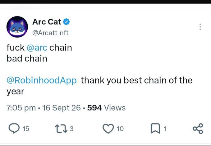 An X post from verified account 'Arc Cat (@Arcatt_nft)' reading 'fuck @arc chain bad chain @RobinhoodApp thank you best chain of the year' posted at 7:05 pm on 16 Sept 26 with 594 views.