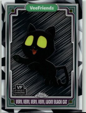 A holographic VeeFriends trading card features a black cat with glowing yellow eyes, labeled 'Very, Very, Very, Very, Lucky Black Cat' under the 'First Chrome' series.