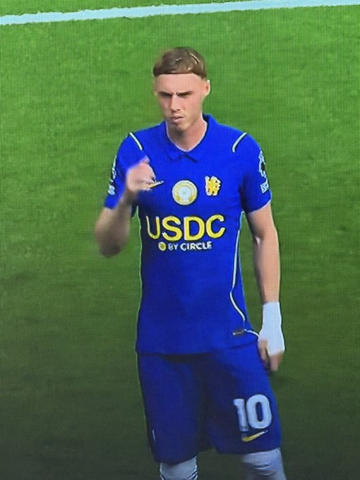 A soccer player in a blue Chelsea kit featuring 'USDC BY CIRCLE' sponsorship on the front and the number 10 on the shorts stands on a green field.