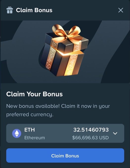 A "Claim Bonus" popup displays a gift box offering 32.51460793 ETH ($66,696.63 USD) with a button to claim the bonus. This image appears to be a scam lure disguised as a giveaway, exploiting the "$100 $ETH giveaway" post to trick users into claiming a fraudulent crypto bonus that would likely steal their funds.