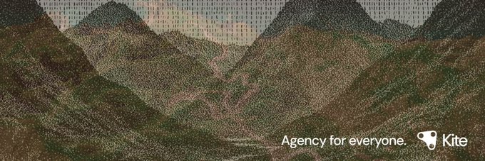 A pixelated mountain landscape with the text "Agency for everyone." and the Kite logo in the bottom right corner. The image reflects Kite's branding and vision around AI agents and open ecosystems, complementing the post's appreciation for being recognized by the project.
