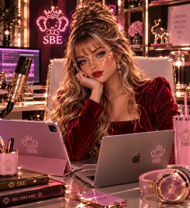 A woman with voluminous blonde hair and glasses wearing a red velvet top rests her chin on her hand at a desk equipped with a pink-laptop, microphone, and SBE-branded accessories, with a neon 'SBE' sign behind her.