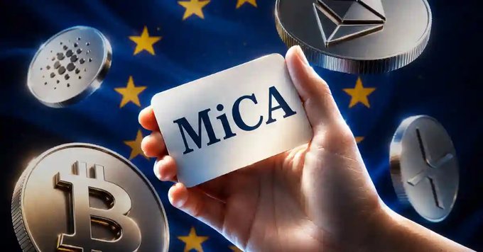 A hand holds a card reading "MiCA" in front of an EU flag backdrop, surrounded by prominent cryptocurrency coins including Bitcoin, Ethereum, and Cardano, visually representing the European Union's MiCA (Markets in Crypto-Assets) regulatory framework for digital assets.