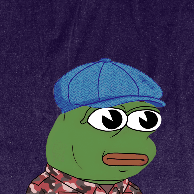 A cartoon drawing of Pepe the Frog wearing a blue flat cap and camouflage jacket against a dark purple background.