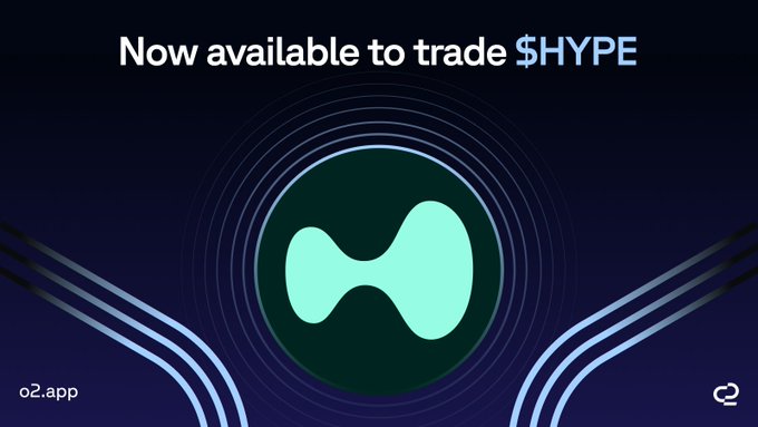A promotional graphic for the O2 app (o2.app) announcing that $HYPE is now available to trade, featuring a central green and mint-colored circular logo with a stylized "H" design against a dark background with radiating concentric rings. The image visually reinforces the trading platform's new listing of the HYPE token as highlighted in the accompanying post.