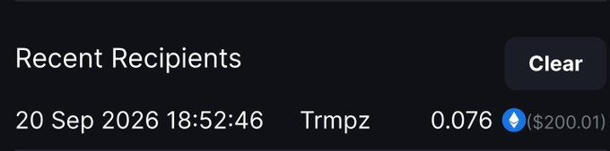 A dark-themed "Recent Recipients" list displays a transaction dated 20 Sep 2026 18:52:46 showing 0.076 ETH (~$200.01) sent to "Trmpz," serving as proof of the MetaWin gambling winnings.