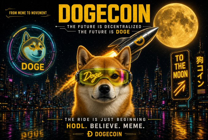 A vibrant Dogecoin promotional graphic featuring the Shiba Inu mascot wearing 'Doge' ski goggles, with text 'FROM MEME TO MOVEMENT', 'THE FUTURE IS DECENTRALIZED', 'TO THE MOON', and 'HODL. BELIEVE. MEME.'