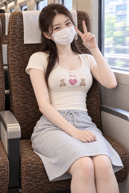 A young woman wearing a white face mask and a t-shirt with teddy bears, sitting on a train seat and making a peace sign.