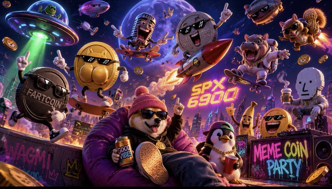 A chaotic, neon-lit scene features various meme coin characters—including Fartcoin, Buttcoin, Useless Coin, Moo Deng, Peanut the Squirrel, Dogwifhat, SPX6900, NPC, and others—floating around a cool figure lounging on a beanbag with "Cool Vibes" and "WAGMI" graffiti, perfectly capturing the post's theme of absurd, internet-born tokens ready to be swapped on Gala.