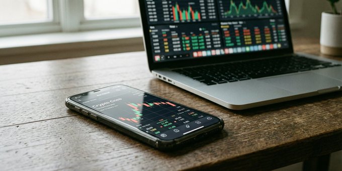 A smartphone displaying cryptocurrency charts sits on a wooden table next to a laptop showing stock market data.