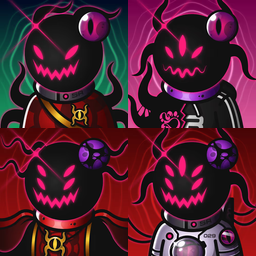 A four-panel illustration features stylized black, alien-like creatures with glowing pink eyes and jagged smiles against colored backgrounds.