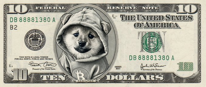 A stylized $10 US bill where Alexander Hamilton has been replaced by an image of a Shiba Inu dog wearing a hoodie, with text reading "THE UNITED STATES OF AMERICA," "TEN DOLLARS," "FEDERAL RESERVE NOTE," "DB 88881380 A," and "HAMILTON."