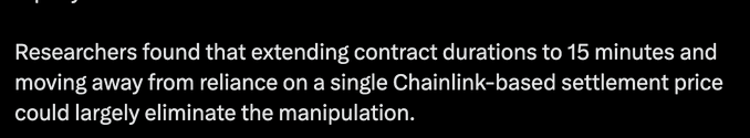 The image shows a partial text excerpt stating that researchers found extending contract durations to 15 minutes and moving away from reliance on a single Chainlink-based settlement price could largely eliminate manipulation. The text appears to support Kalshi's claim (from the accompanying post) about using 15-minute minimum durations and a 60-second TWAP of a regulated price feed as protection against price manipulation in their short-duration crypto contracts.