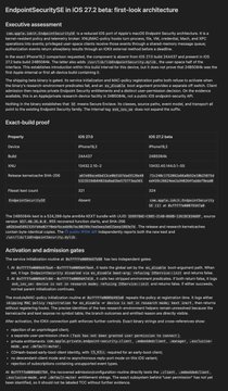 A technical document titled 'EndpointSecuritySE in iOS 27.2 beta: first-look architecture' containing an executive assessment, comparison table, and analysis of exploit details for an iOS security feature.
