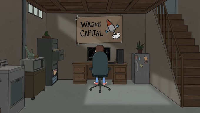 An animated scene shows a person sitting at a computer desk in a basement, with a 'WAGMI CAPITAL' banner and rocket ship on the wall behind them.