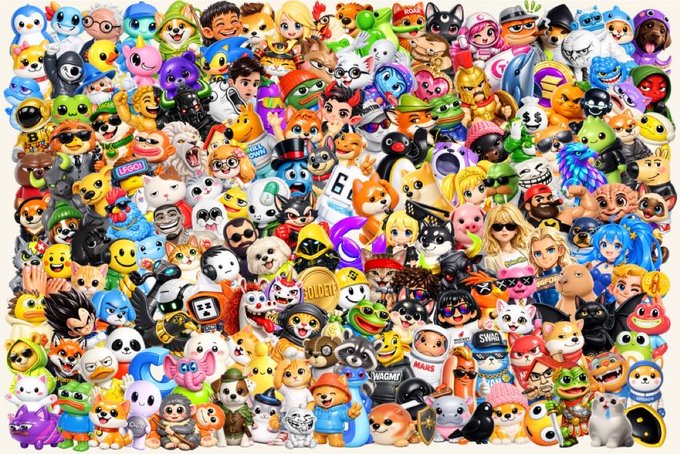 A dense collage composed of numerous cartoon-style emoji and character icons, including faces, animals, and figures in various costumes and colors.