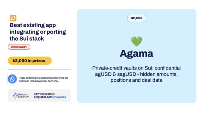 A promotional card for 'Agama' describing it as 'Private-credit vaults on Sui: confidential agUSD & s.agUSD – hidden amounts, positions and deal data,' awarded as the 'Best existing app integrating or porting the Sui stack' with $2,000 in prizes at ETHGlobal Lisbon.