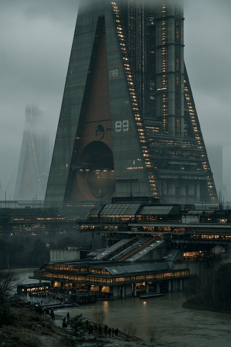 Dark sci-fi concept art of a massive futuristic A-shaped skyscraper with "09" markings and glowing windows, towering over a misty riverfront with smaller buildings and crowds of onlookers below.