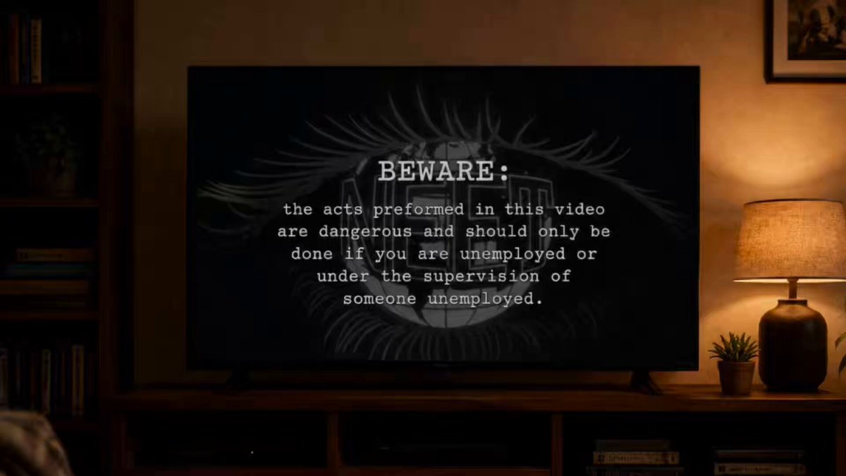 The image shows a television screen displaying an advertisement with a warning label that reads " Beware!: The acts preferred in this video are dangerous and should only be performed under the supervision of someone else." This message seems to be related to a product or service, possibly a weight loss supplement or a similar type of product.

In addition to the TV screen, there is also a lamp on a table next to it. The scene takes place in a living room setting with various books and potted plants around the area.